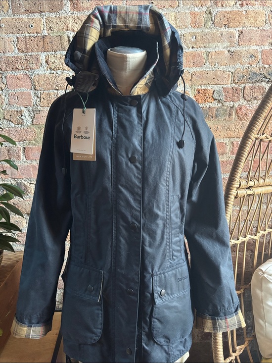 Barbour Jackets & Blazers - Barbour Navy Hooded Wax Jacket with Tartan Trim